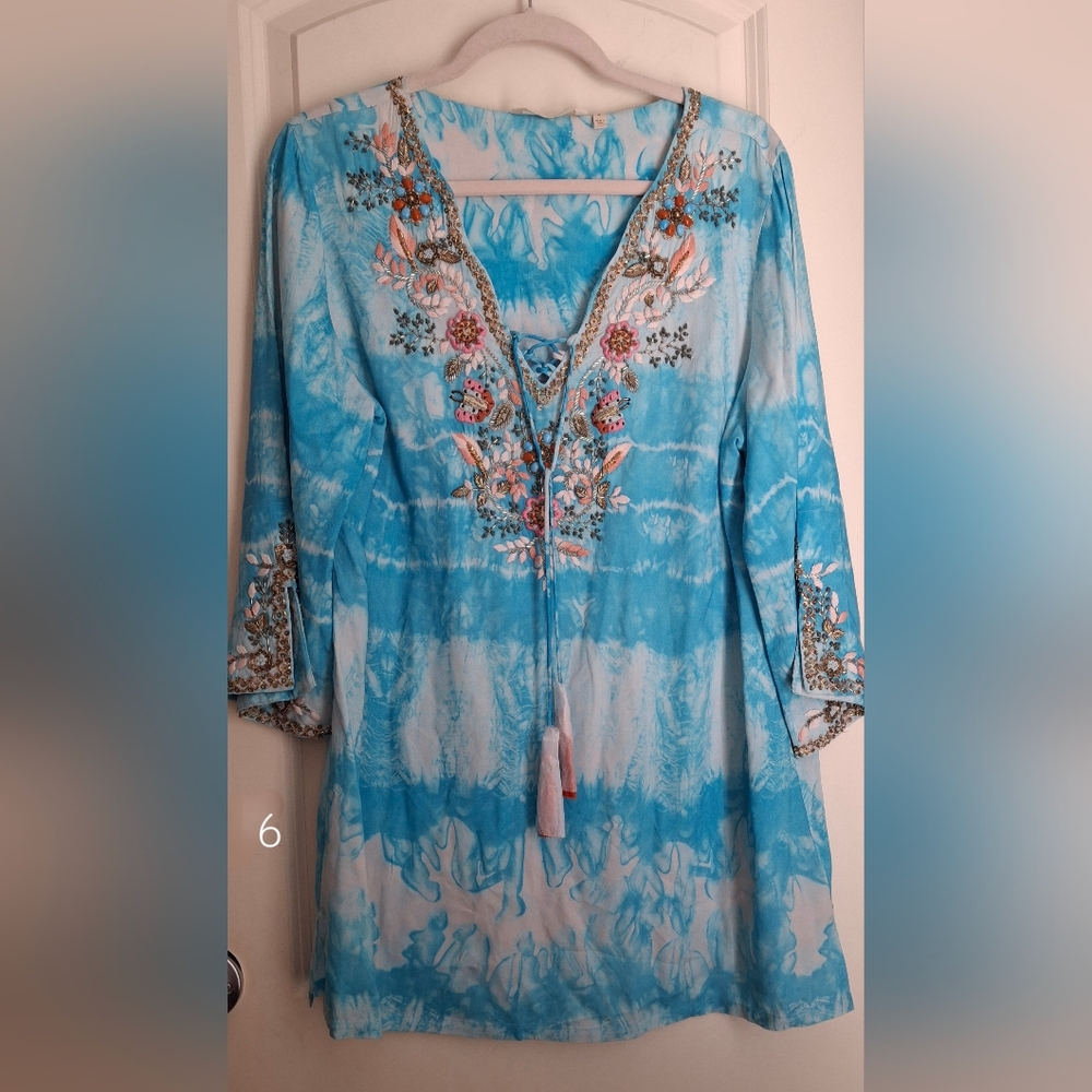 Soft surroundings icon beverly womens tunic blouse medium sky blue tye die new - Picture 2 of 12